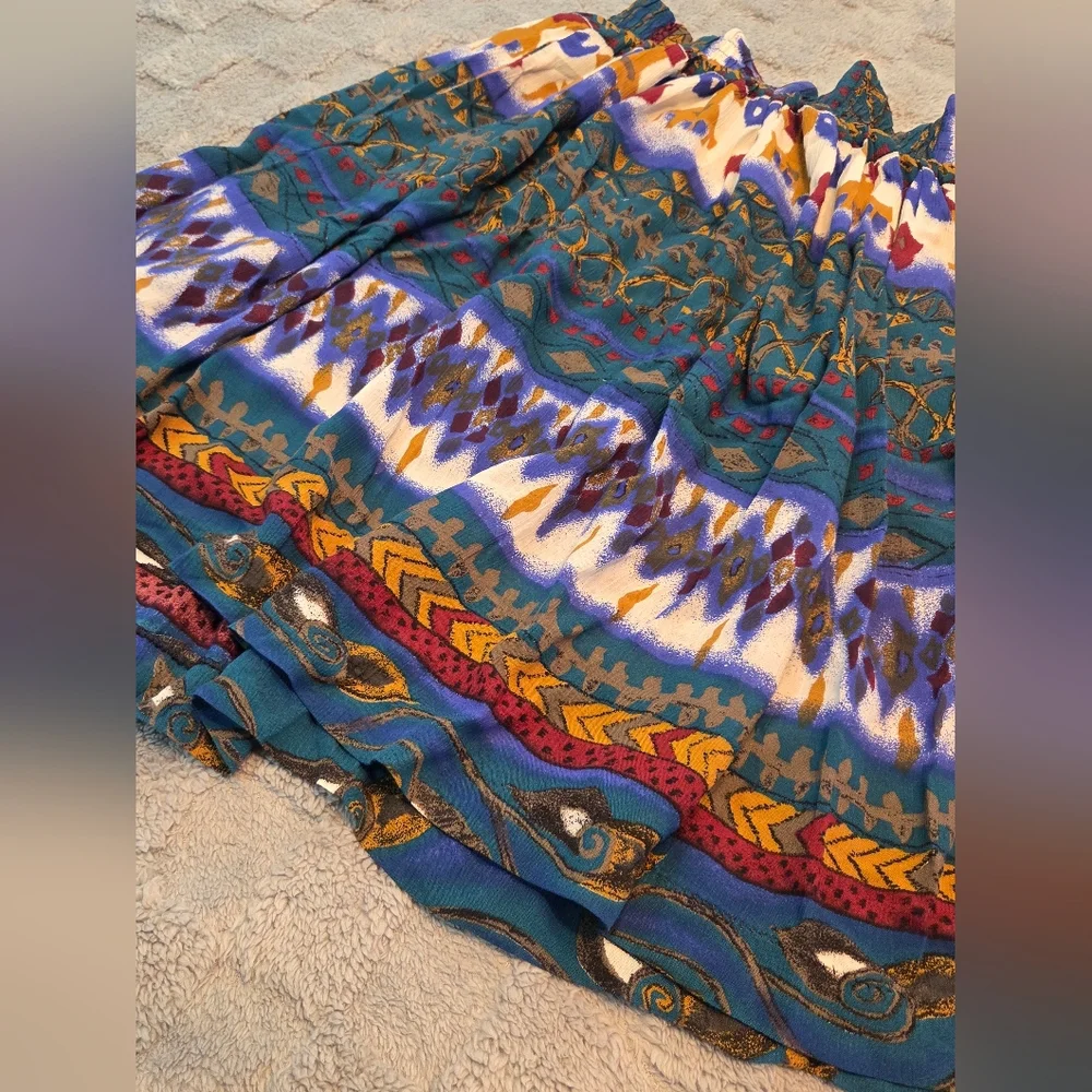 Vibrant Bohemian Print Maxi Skirt with Elastic Waistband-Teal, Blue,Gold Size XS - Picture 2 of 6
